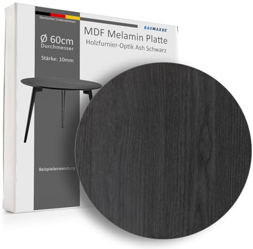 Baumaxxe Tischplatte I 60 cm I rund I Stärke: 10 mm I schwarz Ash I MDF Platte Melaminbeschichtung beidseitig I DIY-Projekte I bm335