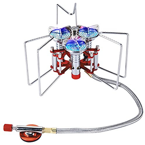 Bulin Camping Stove 5800 W, Gas Stove with 3 Ovens Even Heating, Adjustable Small Stainless Steel Windproof Non-Slip Portable Gas Burner Camping Stove for Outdoor Picnic Trekking Hiking