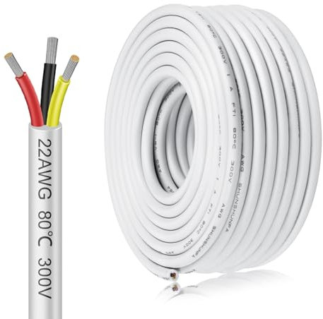 inShareplus 22AWG 3x0.3mm² 10 Meter Electrical Wire 3 Core Cable, 5V/12V/24V White Tinned Copper Wires, 22 Gauge 300V Flexible and Soft Outdoor Cable High Temperature Resistant Extension Cable