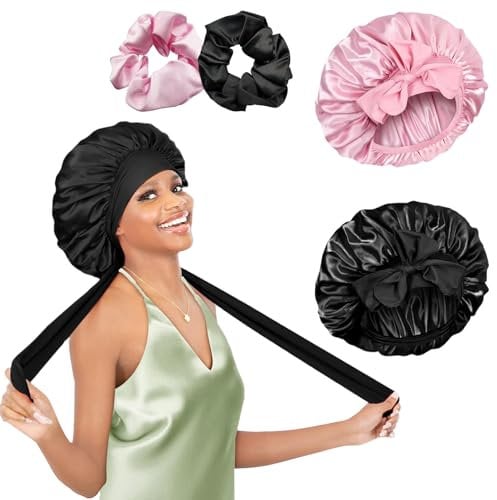 2 Stück Seidenhaube, Schlafhaube Seide, Verstellbar Satin Haarhaube, Silk Bonnet Sleep Cap, Damen Mädchen Atmungsaktive Schlafkappe Duschhauben, mit 2 Stück Satin Haargummis,für Verschiedene Haartypen