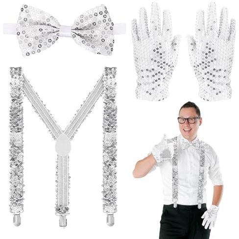 Glitzer Outfit Herren Glitzer Hosenträger Herren Glitzer Fliege Herren Glitzer Handschuhe Disco Outfit Herren Glitzer Accessoires Männer Glitzer Kostüm Pailletten Kostüm Karnevalskostüme
