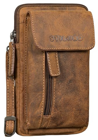 STILORD 'Mael' 2-in-1 Leather Messenger Bag Men Small Mobile Phone Bag Belt Bag - Genuine Leather Chest Pouch Vintage Crossbody Bag Mens for Mobile Phone Passport, Colour:Bergamo - Brown