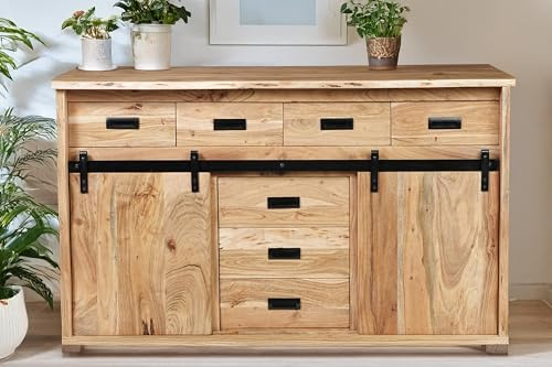 SAM Sideboard Lian II | Akazienholz massiv | Farbe: Natur | 150x45x90 cm | 4 Fächer & 7 Schubladen | 2 x Holz-Schiebetüren mit Baumkante | Kommode mit gusseisernen Elementen