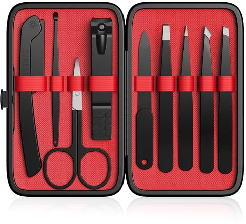 Yougai Tweezers Set,9 Pcs Professional Stainless Steel Tweezer Kit-Great Precision Eyebrow Tweezers for Ingrown Facial Hair with Leather Travel Case as Stocking Stuffing Gifts