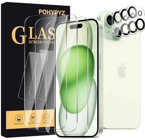 POHYPYZ 3+3 Pack Screen Protector for iPhone 15，Screen Protector Tempered Glass 3 Pcs+ Camera Lens Protector 3 Pcs,HD Clear,Anti Scratch, Bubble Free，Compatible phone cases