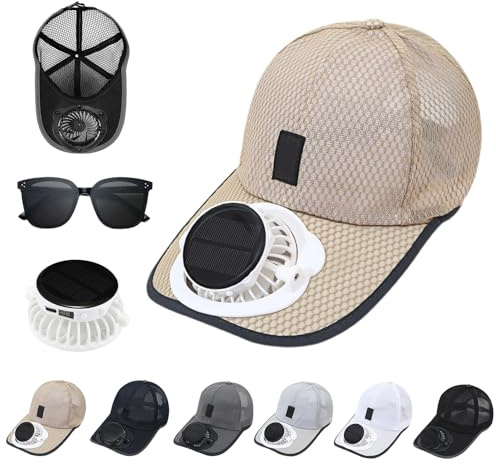Solar Rechargeable Peaked Cap, Mesh Baseball Cap with USB Charging & Solar Powered Fan, 3 Adjustable Speed (UK, Alpha, One Size, 600ma, Beige)