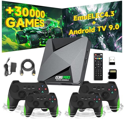 G36 Pro Consola de Juegos Retro Consola Retro,30000 +Juegos 50+ Emuladores,Sistema EmuELEC 4.3 + Android 9.0,Consola de Videojuegos con 4 Mandos Inalámbricos,4K Game Stick Plug & Play para TV (64G)