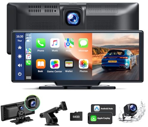 9.26 Wireless Car Stereo for AppIe CarPlay & Android Auto Screen with Dashcam Front Rear 2.5K +1080P Portable Car Stereo Display with Voice Assistant Navigation Bluetooth FM AUX Mirror Link 64G TF