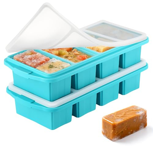 Afenau 2 Pack Soup Freezer Containers, 4-Compartment Soup Containers for Freezing, Silicone Freezer Moulds with Lid, Super Cubes Freezer Tray for Soups & Meal Prep, Green