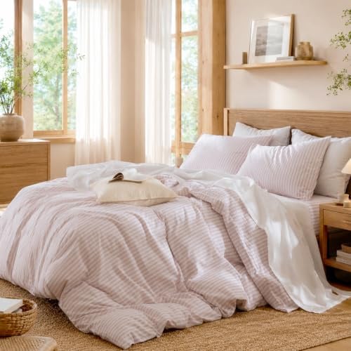 Lanqinglv Bettwäsche 135x200 Baumwolle Gestreift Rosa Weiß,Streifen Muster | Oeko-TEX,Leinenoptik,Renforce Baumwolle,Bettbezug mit Reißverschluss und 1 Kissenbezug 80x80,für Allergiker Geeignet