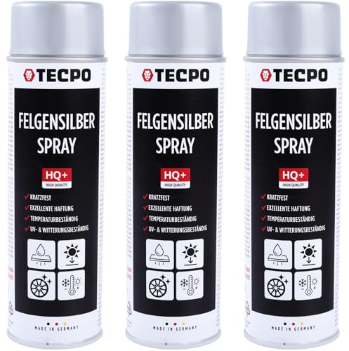 TECPO Felgensilber-Spray, 3x 500ml Felgensilber Spray schnell trockend Felgenlack auf Acrylbasis für Reparatur von Stahl und Leichtmetall