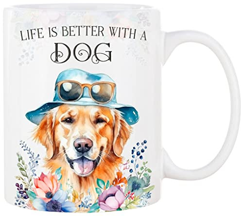 Cadouri Keramik Hunde Tasse mit Spruch „Life is better with a Dog“ und Golden Retriever - Kaffeetasse mit Hunderasse für Hundebesitzer - originelles Geschenk - handgefertigt | 330 ml