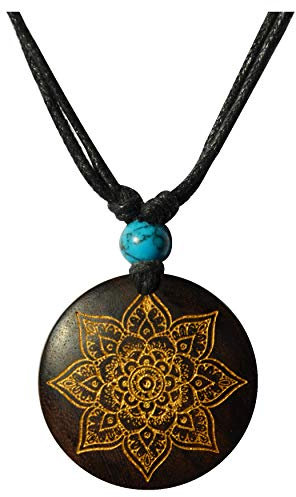 CHICNET Damen Herren Halskette Kette Holzkette Halsschmuck mit Holz Anhänger in rund aus Sonoholz Holz und Baumwolle, mit Türkis Stein, Gravur, Gold Silber bemalt, verstellbar Blume Gold