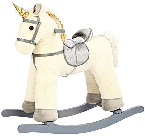 Bino 82550 White Plush Unicorn Rocking Horse for Kids from 36 months old, up to 50 Kg weight. The Unicorn Rocking Horse Makes Sounds. Suitable for children frim 36 months. Size: 76x30x74 cm