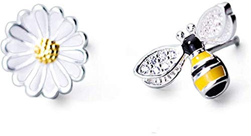 Honey Bee and Dasiy Flower Stud Earrings Sterling Silver Irregular Sweet Earring Studs Ear Piercing Personality for Women Teen Girls