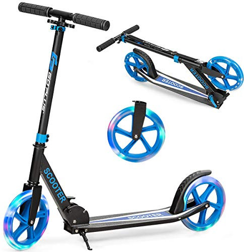 RELAX4LIFE Cityroller höheverstellbar & zusammenklappbar, Scooter mit Bremse & Ständer, LED Wheels & Tragegurt, Tretroller für Kinder ab 10 Jahre, Kickroller Aluminium, belastbar bis 10 kg (Blau)