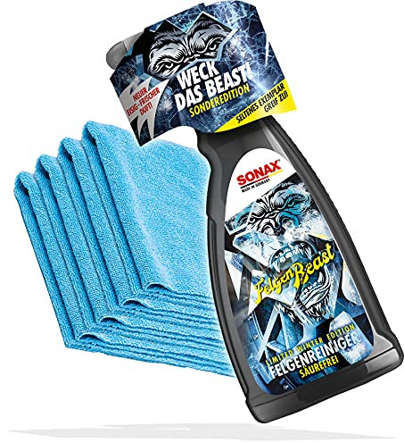 detailmate SONAX FelgenBeast Winter Sonderedition 1L Set Basic: Säurefreier Felgenreiniger mit Wirkindikator zur schonenden Felgenreinigung im Winter + 4 Mikrofasertücher 40x40cm, 320 GSM
