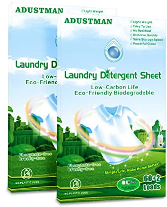 ADUSTMAN Fogli per detersivo per bucato, senza liquidi, con profumo fresco, 124 lavaggi, a bassa schiuma, ad alta efficienza, ecologici, senza plastica (freschi, 124 pezzi (confezione da 2)