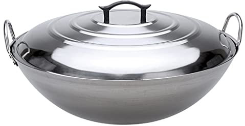 GXDHOME Wok Professionale in Acciaio Inossidabile Spesse Extra con Copertura Piana 50-70cm commestibile Non Magnetico Fondo Tondo pentola Senza Fumo Adatto per Mensa,Ristorante,Cucina