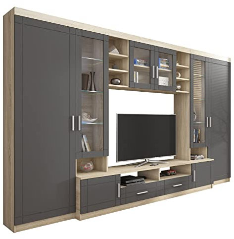 Große Wohnwand Vita, TV-Lowboard, 2 Vitrine, Wandregal, Anbauwand Schrankwand Wohnzimmerschrank (Sonoma Eiche/Graphit, ohne LED Beleuchtung)