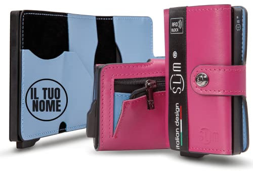 SLim Portafoglio Personalizzato Porta Carte di Credito Schermato Portacarte Anticlonazione Uomo Donna Personalizzabile (Fucsia e Celeste con Zip)