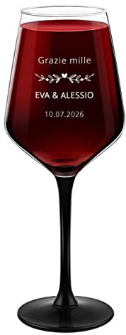 Maverton Calice da vino Rubino 300 ml - incisione personalizzata - con gambo nero - pensiero speciale per nozze - adatto per vino secco e dolce - unico per coppia - gratitudine