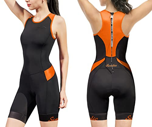 Santic Triathlonanzug für Damen, Einteiler, ärmellos, Tri-Anzug, gepolstert, schnelltrocknend, Abnehmen, für Laufen, Schwimmen, Radfahren, Schwarz/T-Orange, M