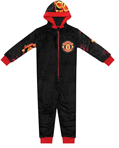 Manchester United FC Official Football Gift Kids Fleece Hooded All-In-One 11-12 Years Black