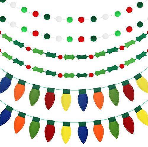 FARUTA 3 Stück Weihnachts-Wollfilz-Girlande, 100 m, Pompom-Girlanden, Stechpalmenbeeren, Filz, bunte Weihnachts-Glühbirnen, Weihnachts-Girlande zum Aufhängen für Wand, Weihnachtsbaum, Dekoration