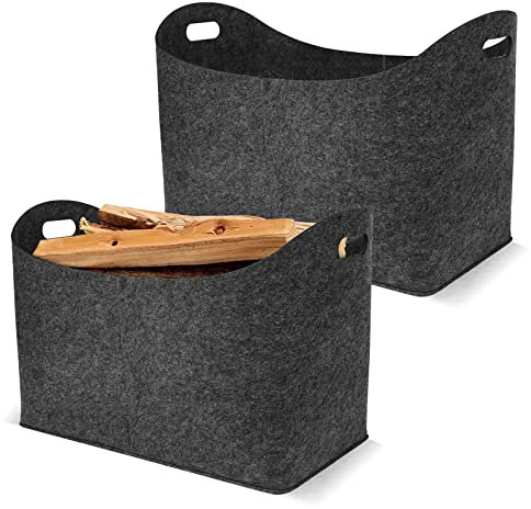 TRMLBE Kaminholzkorb Filz Holzkorb für Kaminholz mit Tragegriffen Faltbar Filztaschen Shopper Kaminholztasche für Holz und Zeitungen, Einkaufstasche 55 x 30 x40 cm - 2 Stück Anthrazit