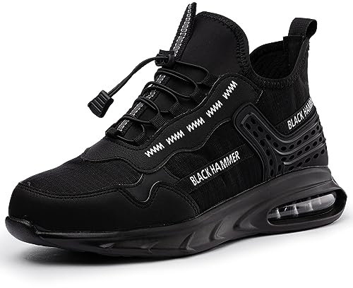 Black Hammer Lightweight Safety Trainers for Men - Air Bubble Comfort, Non-Slip Work Shoes, Steel Toe Cap with Pull Tie Laces Day Wear 5599 Black (9 UK)