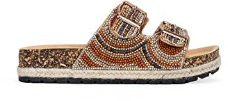 BOSANOVA Sandalias con Piedras Brillantes, Detalle Dos Hebillas y Suela Bio de Corcho con Esparto. Sin Cierre. Calzado para Mujer Oro 37