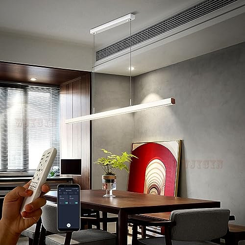 Moderne LED Weiß Pendelleuchte esstisch Dimmbar Acryl-Material Hängeleuchte Esszimmerlampe L80cm 36W Linear Design Pendellampe Holz Kronleuchter mit Fernbedienung Hängelampe für Restaurants Büro
