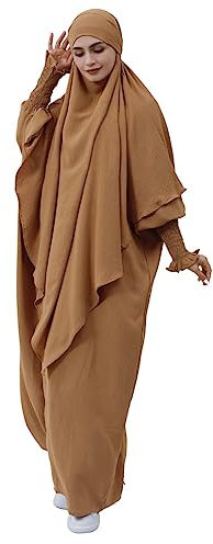 Gebetskleidung für Frauen 2 Stück Abaya Muslim Damen mit Khimar Hijab Abaya Kleid Lose Langen Ärmeln Maxi Muslimische Kleider Damen mit Jilbab Burka Ganzkörper Braun