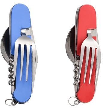 FUZVOL Folding Camping Cutlery Set Stainless Steel Portable Utensil 6 in 1 Multitool Outdoor Tableware for Travel, Hiking, Picnic (2 Pack), Blue+Red