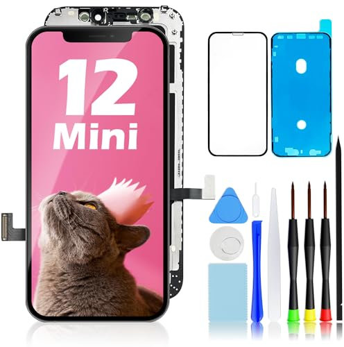 GULEEK Display für iPhone 12 Mini LCD Ersatz Bildschirm, 5,4 Vormontiert Touchscreen Schwarz mit Front Komplettes Glas und Werkzeug