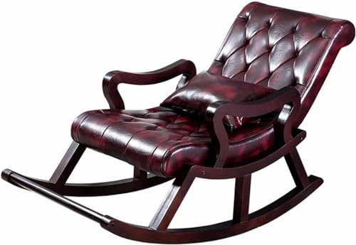 ZUMAHA Leder Schaukelstuhl Integriertes Fußpedal Nordic Massivholz Faul Freizeit Sofa Stuhl Liege Garten Nickerchen Stuhl