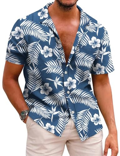 COOFADNY Camisa Hawaiana Hombre Manga Corta Funky Camisa Flores Camisas Estampadas Camisas Causal Playa Tropicale Palma Transpirable Ligera C-Azul Marino L