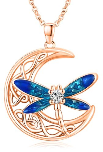 Twoowl Rose Gold Celtic Moon Necklace 925 Sterling Silver Dragonfly Pendant Necklace Irish Celtic Jewellery Gifts for Women Girls