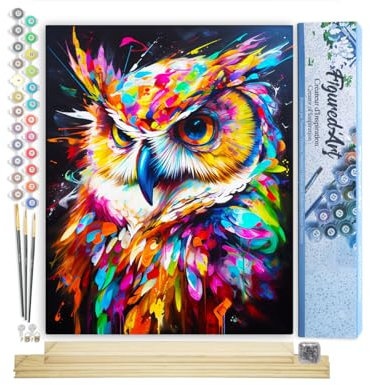Figured'Art Peinture par Numéro Adulte avec Cadre Hibou Coloré Abstrait - Activité Manuelle Kit de Loisir Créatif DIY Numéro d'Art Complet Animaux - 40x50cm avec châssis en bois à monter