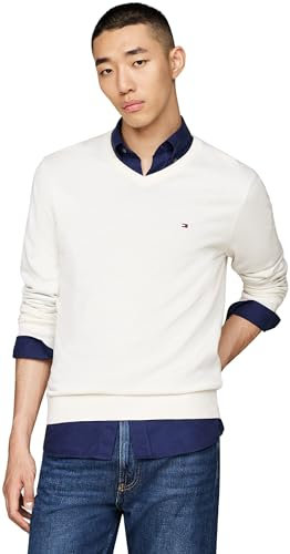 Tommy Hilfiger Herren Pullover Essential Cotton V-Ausschnitt, Weiß (Ivory), 3XL