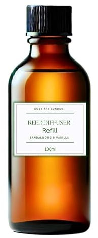 Sandalwood and Vanilla Reed Diffuser Refill | Pure Essential Oils | Eco-Conscious Long-Lasting Aroma | Cruelty-Free Vegan Refill 100ml | Handmade by Cosy Art London