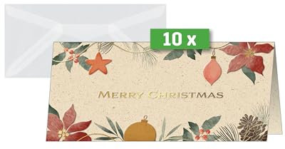 SIGEL DS095 Premium Weihnachtskarten-Set Christmas Art, DIN lang, 10 Karten mit Umschlägen, ideal zum Bedrucken, aus nachhaltigem Gras-Papier
