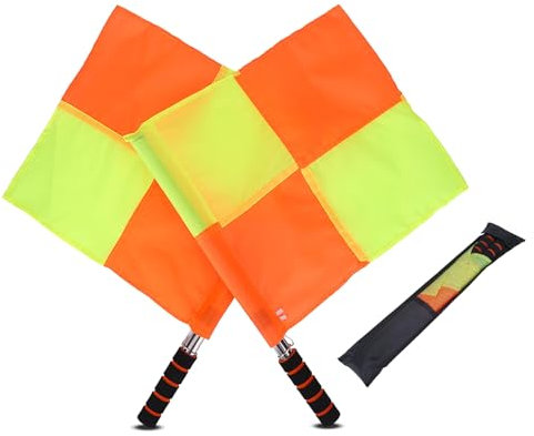ZAWELIYO 2PCS Referee Linesman Flag, Waterproof and Portable Soccer Referee Flag Set with Yellow Orange Checker Style and Sponge Handle for Soccer, Football and Hockey Games