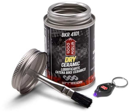 1000 Miglia BKR 4101 DRY CÉRAMIQUE Lubrifiant Chaîne de Vélo pour Conditions de piste Sèches et Poussiéreuses - 120 ml, formule fluorescente et parfumée, Pot All-In-One avec Brosse incluse