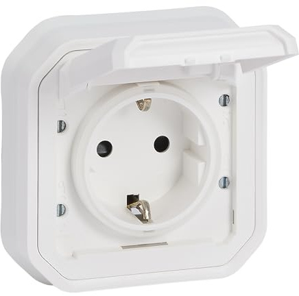 LEGRAND, Plexo New Aufsatz für Feuchtraum-Steckdose, Schuko-Standard, inkl. Klappdeckel, Berührungsschutz, Installation mit Spreizkrallen und Schraubklemmen, 16A, 250V, IP44 - IK07, UltraWeiß, 069868L