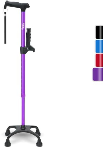 Healthbazaar Vierbeinstock, Verstellbarer Gehstock für Männer und Frauen mit 4-zackiger Basis und versetztem Griff, leicht, Gehstock für rechts- oder linkshändige Senioren und Erwachsene (Lila)