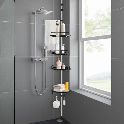 MENGDA Étagère Salle de Bain Télescopique, Étagère de Douche Réglable en Hauteur 105-310 cm, Acier Inoxydable (Noir, 105-310cm)