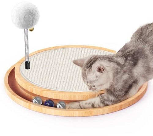 FURJOY Tappetino Tiragraffi per Gatti, Antigraffio in Sisal Naturale, Torre giocattolo Catch the Balls in legno, Giocattolo interattivo per gattini con palla a molla per inseguire, caccia