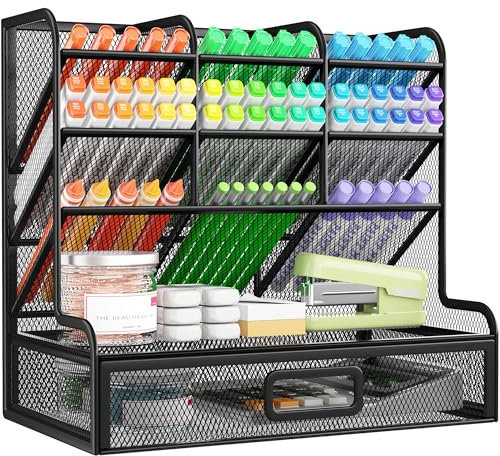 VITVITI Organizer Scrivania, 9 Porta Pennarelli con Cassetto, Portapenne a Rete in Metallo, Porta Penne per Ufficio a Casa (Nero)